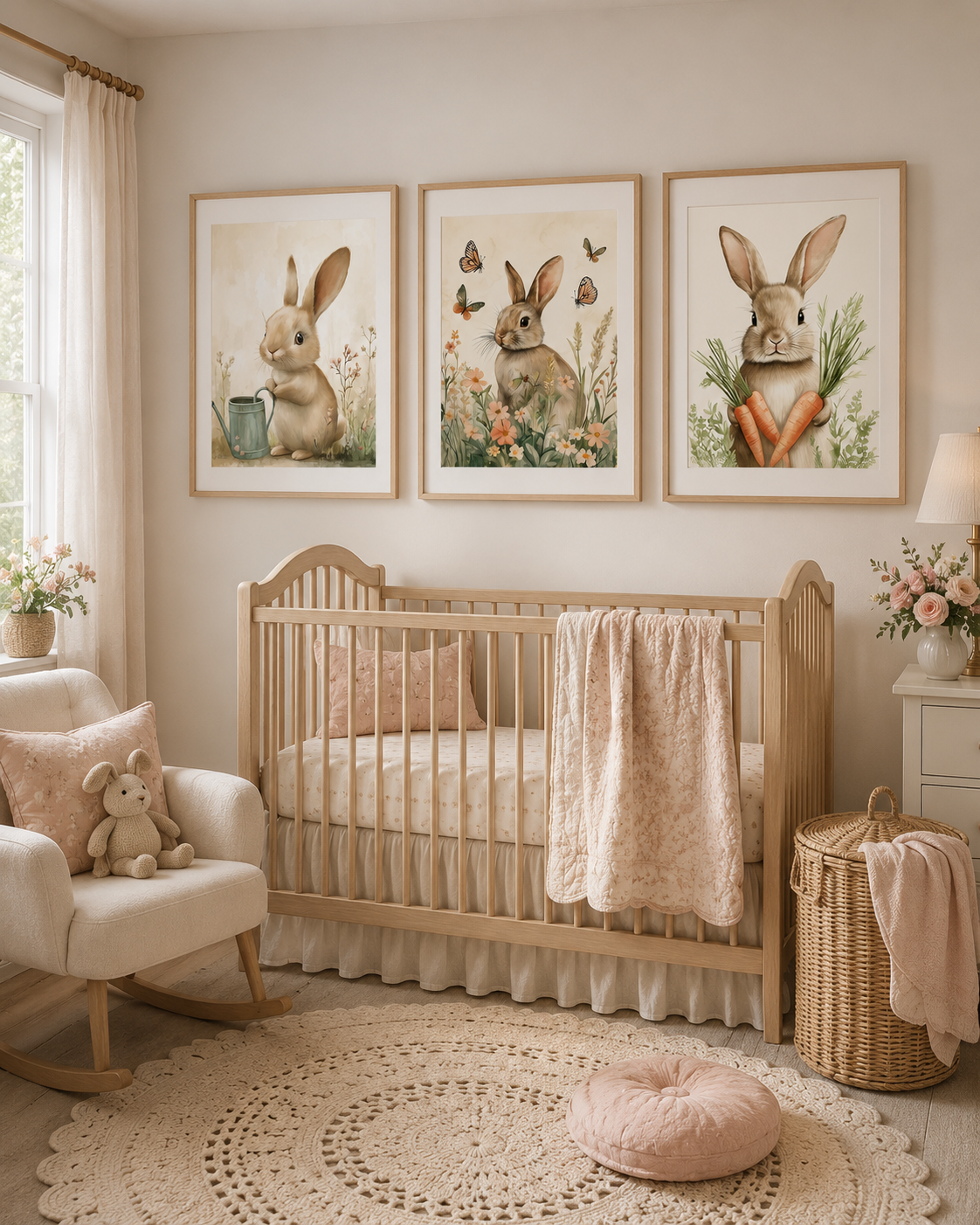 Garden Bunny Wall Art Set of 3 — Watercolor Cottage Bunny Nursery Prints, Watering Can, Wildflowers, Carrots, Girl Nursery & Spring Decor, Digital Download, 20 Sizes