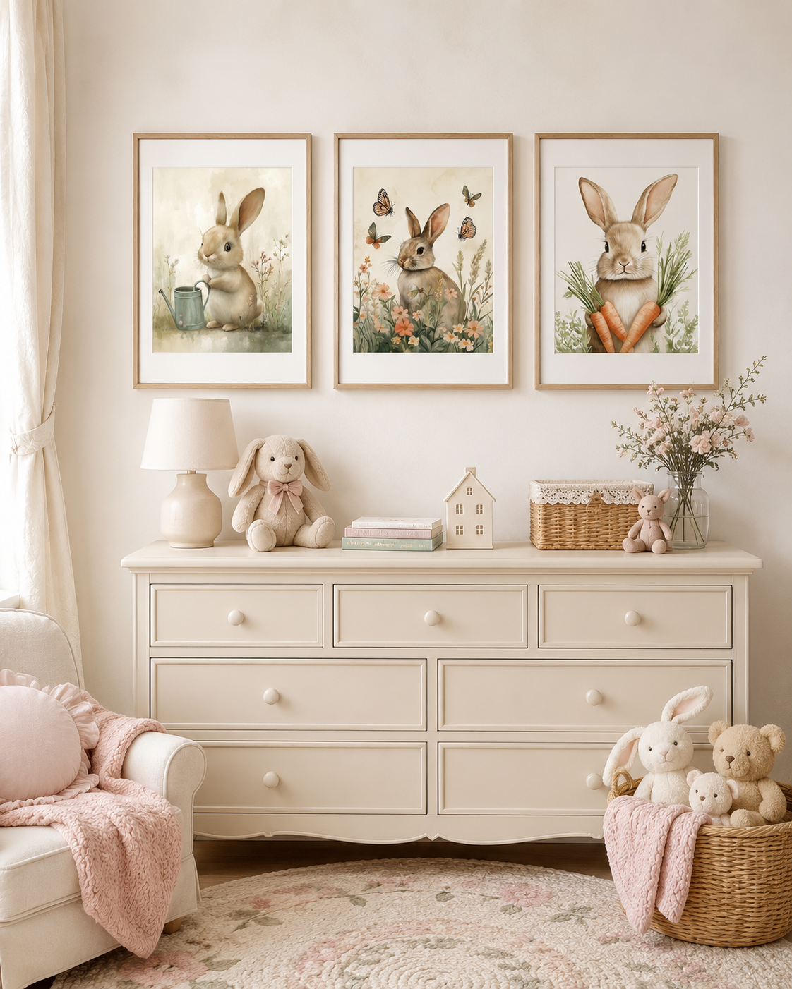 Garden Bunny Wall Art Set of 3 — Watercolor Cottage Bunny Nursery Prints, Watering Can, Wildflowers, Carrots, Girl Nursery & Spring Decor, Digital Download, 20 Sizes