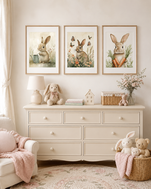 Garden Bunny Wall Art Set of 3 — Watercolor Cottage Bunny Nursery Prints, Watering Can, Wildflowers, Carrots, Girl Nursery & Spring Decor, Digital Download, 20 Sizes