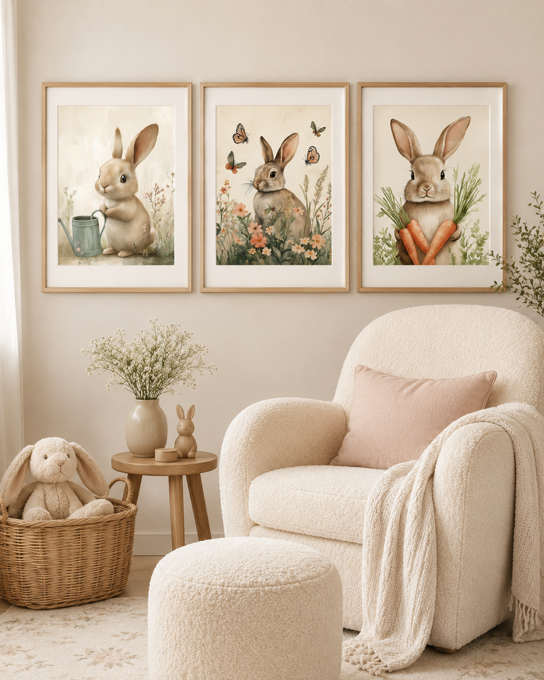 Garden Bunny Wall Art Set of 3 — Watercolor Cottage Bunny Nursery Prints, Watering Can, Wildflowers, Carrots, Girl Nursery & Spring Decor, Digital Download, 20 Sizes