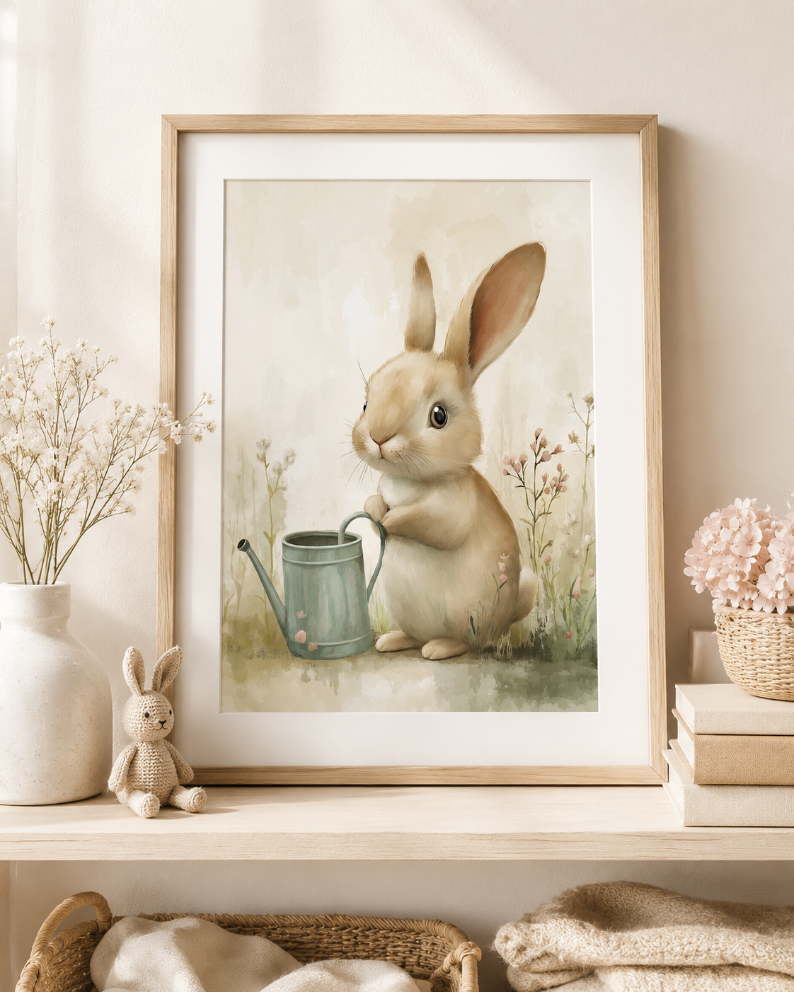 Garden Bunny Wall Art Set of 3 — Watercolor Cottage Bunny Nursery Prints, Watering Can, Wildflowers, Carrots, Girl Nursery & Spring Decor, Digital Download, 20 Sizes