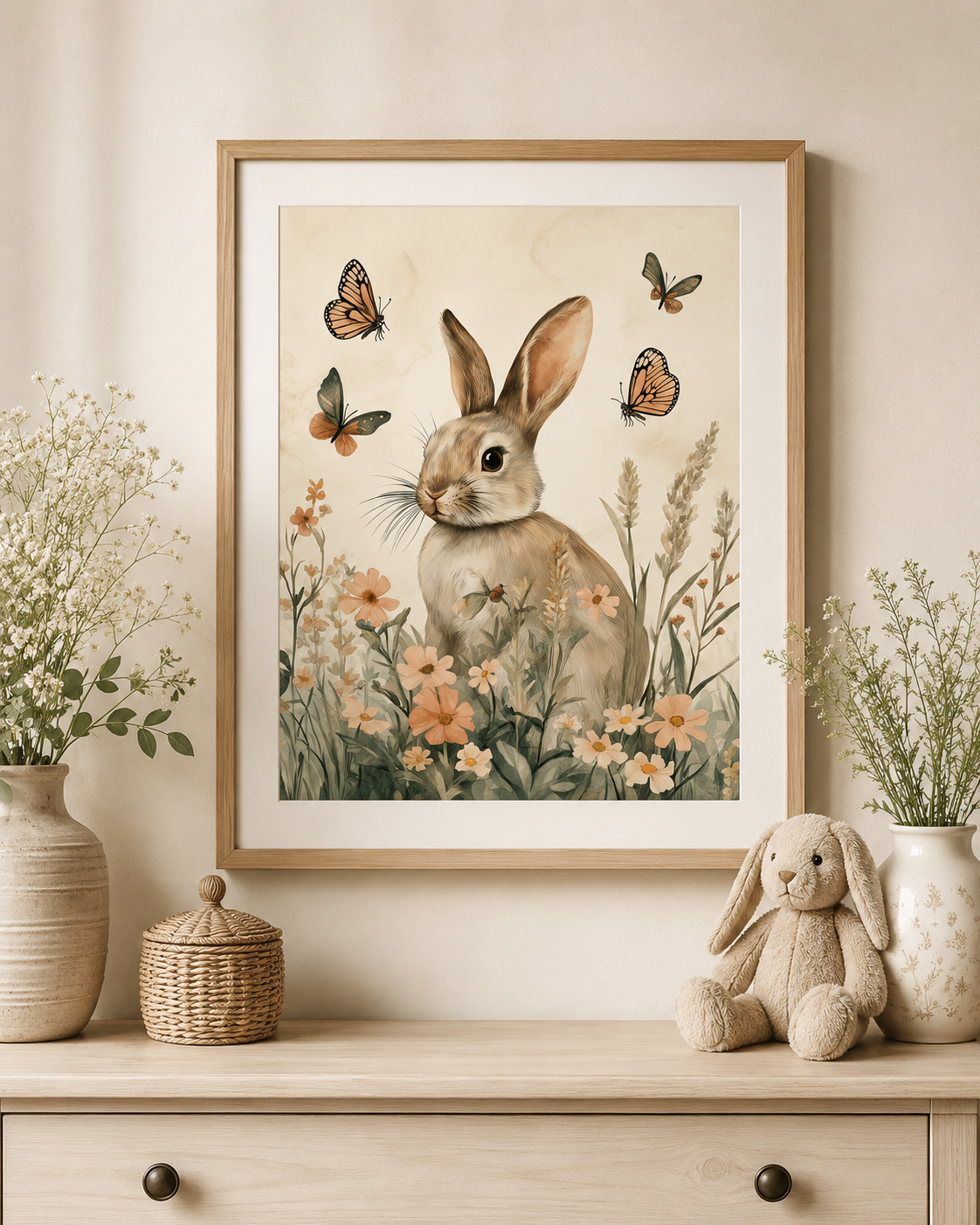 Garden Bunny Wall Art Set of 3 — Watercolor Cottage Bunny Nursery Prints, Watering Can, Wildflowers, Carrots, Girl Nursery & Spring Decor, Digital Download, 20 Sizes