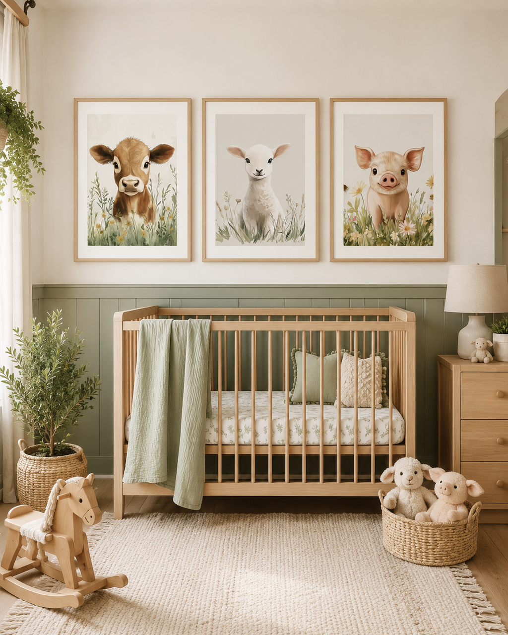 Watercolor Farm Animal Nursery Wall Art Set of 3 — Boho Baby Animal Prints, Cow Lamb Pig, Neutral Sage & Cream, Digital Download, All Frame Sizes