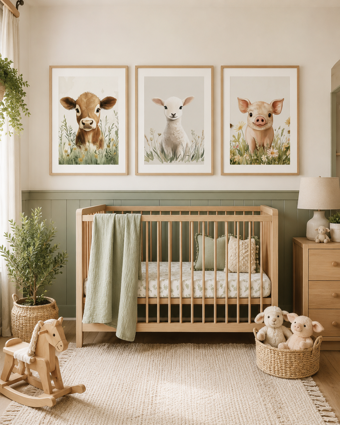 Watercolor Farm Animal Nursery Wall Art Set of 3 — Boho Baby Animal Prints, Cow Lamb Pig, Neutral Sage & Cream, Digital Download, All Frame Sizes