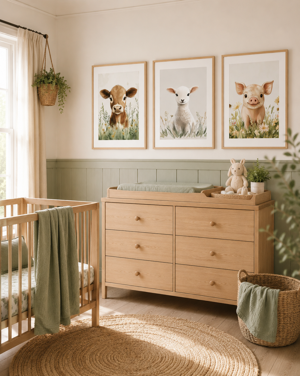 Watercolor Farm Animal Nursery Wall Art Set of 3 — Boho Baby Animal Prints, Cow Lamb Pig, Neutral Sage & Cream, Digital Download, All Frame Sizes