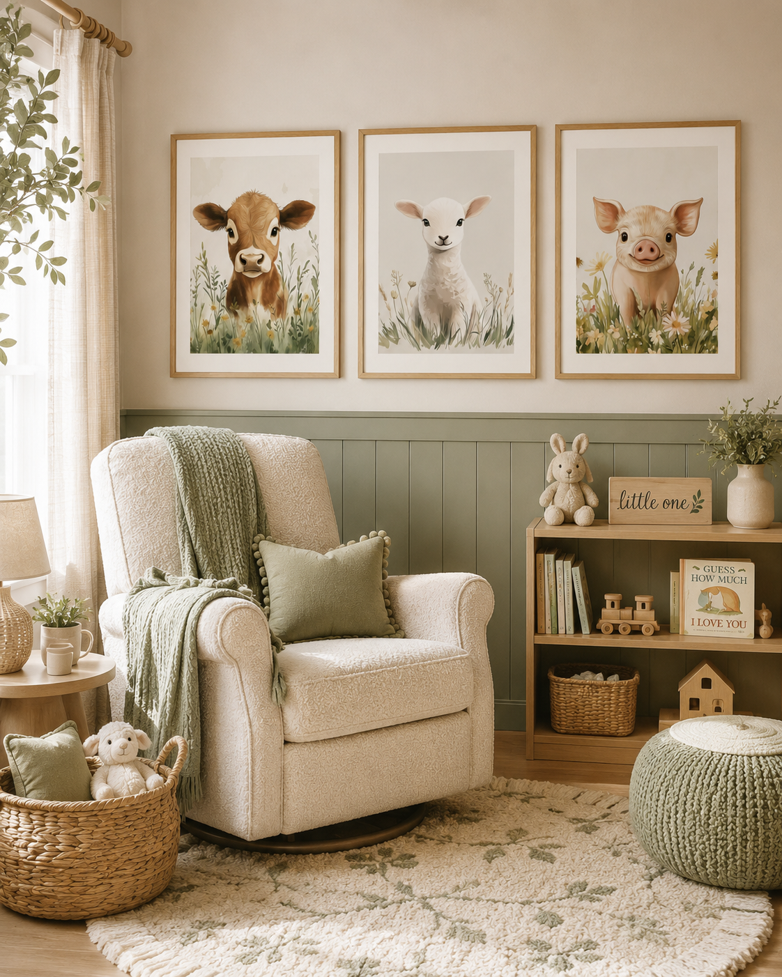 Watercolor Farm Animal Nursery Wall Art Set of 3 — Boho Baby Animal Prints, Cow Lamb Pig, Neutral Sage & Cream, Digital Download, All Frame Sizes