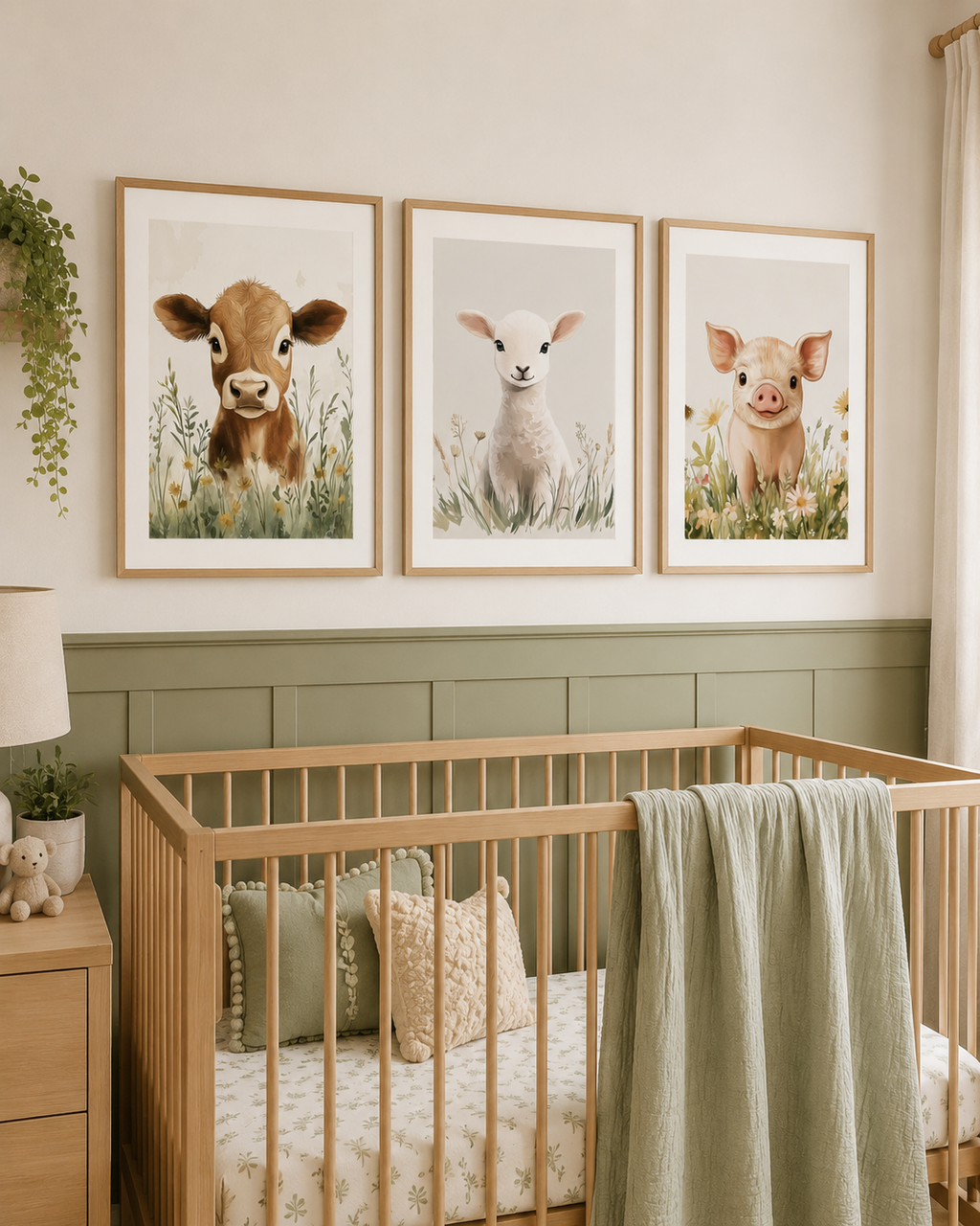 Watercolor Farm Animal Nursery Wall Art Set of 3 — Boho Baby Animal Prints, Cow Lamb Pig, Neutral Sage & Cream, Digital Download, All Frame Sizes