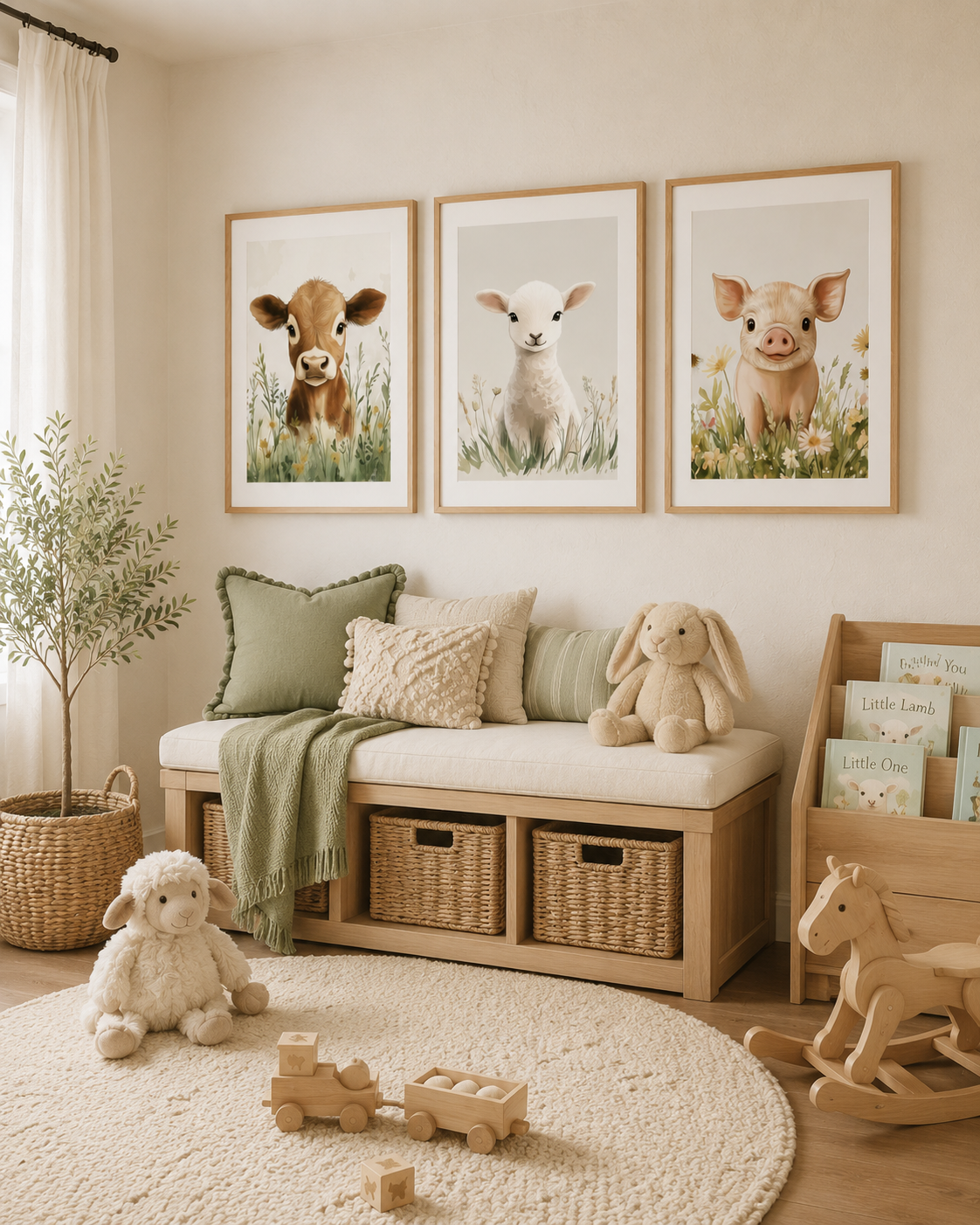 Watercolor Farm Animal Nursery Wall Art Set of 3 — Boho Baby Animal Prints, Cow Lamb Pig, Neutral Sage & Cream, Digital Download, All Frame Sizes