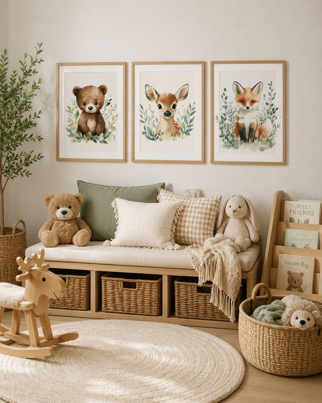 Pink Woodland Nursery Wall Art Set of 3 — Boho Baby Girl Animal Prints, Bear Fawn Fox, Blush Pink Nursery Decor, Digital Download, All Frame Sizes