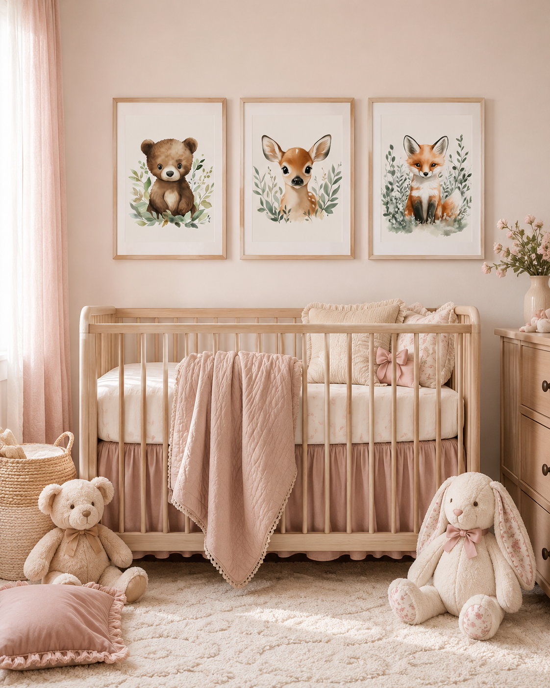Pink Woodland Nursery Wall Art Set of 3 — Boho Baby Girl Animal Prints, Bear Fawn Fox, Blush Pink Nursery Decor, Digital Download, All Frame Sizes