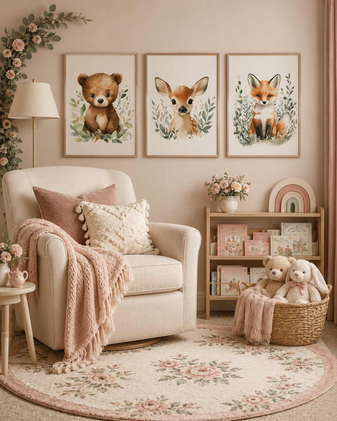 Pink Woodland Nursery Wall Art Set of 3 — Boho Baby Girl Animal Prints, Bear Fawn Fox, Blush Pink Nursery Decor, Digital Download, All Frame Sizes