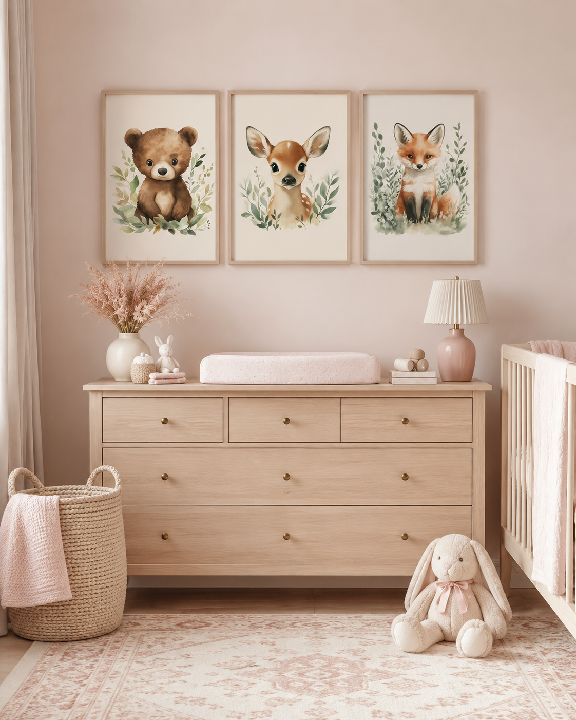 Pink Woodland Nursery Wall Art Set of 3 — Boho Baby Girl Animal Prints, Bear Fawn Fox, Blush Pink Nursery Decor, Digital Download, All Frame Sizes