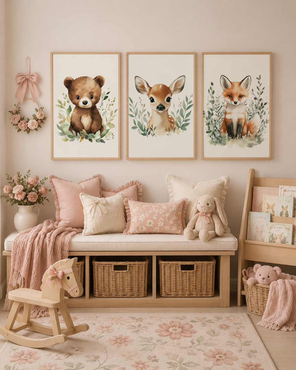 Pink Woodland Nursery Wall Art Set of 3 — Boho Baby Girl Animal Prints, Bear Fawn Fox, Blush Pink Nursery Decor, Digital Download, All Frame Sizes