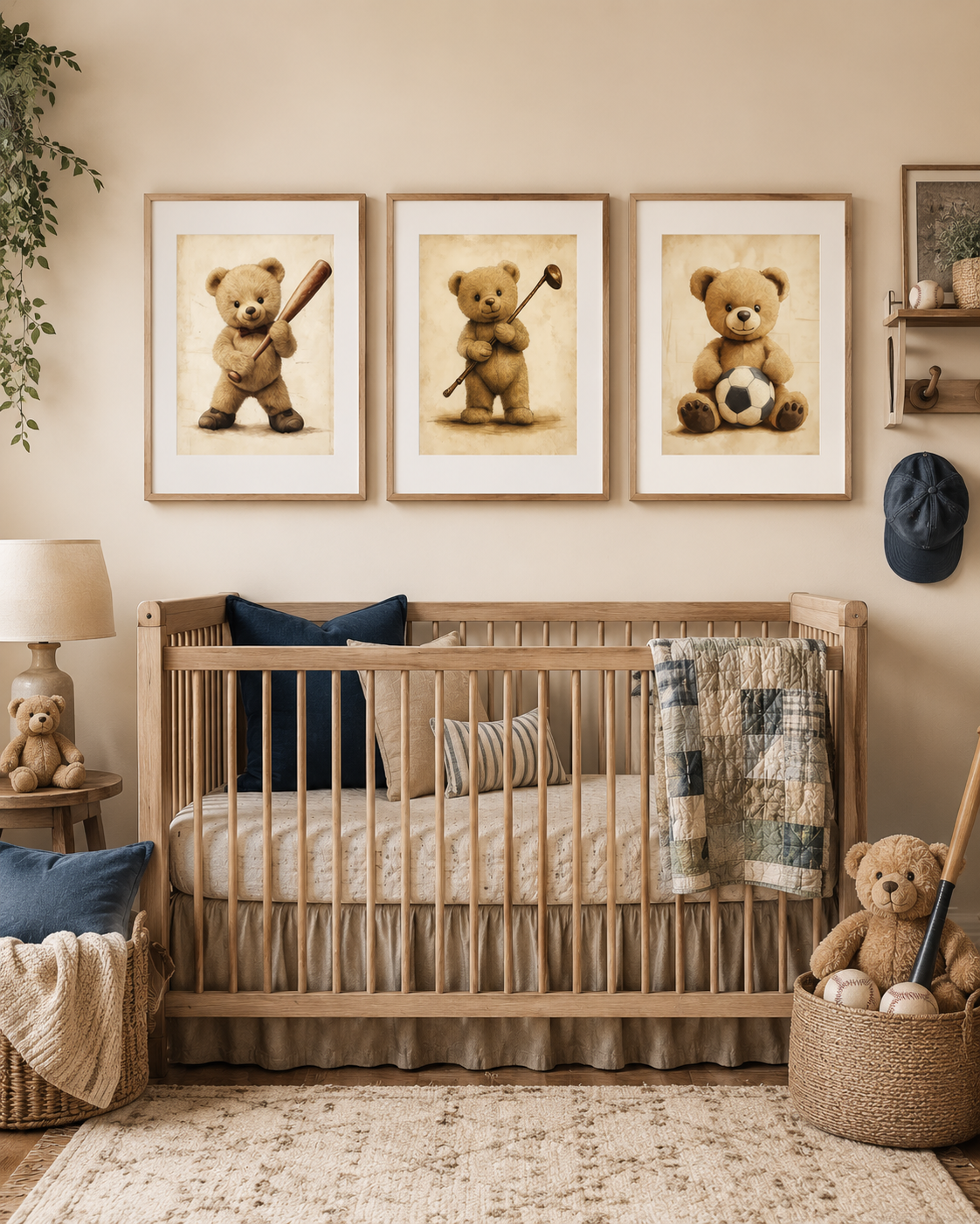 Vintage Teddy Bear Sports Nursery Wall Art Set of 3 — Baby Boy Nursery Decor, Baseball Golf Soccer Bear Prints, Sepia Vintage, Digital Download, All Frame Sizes