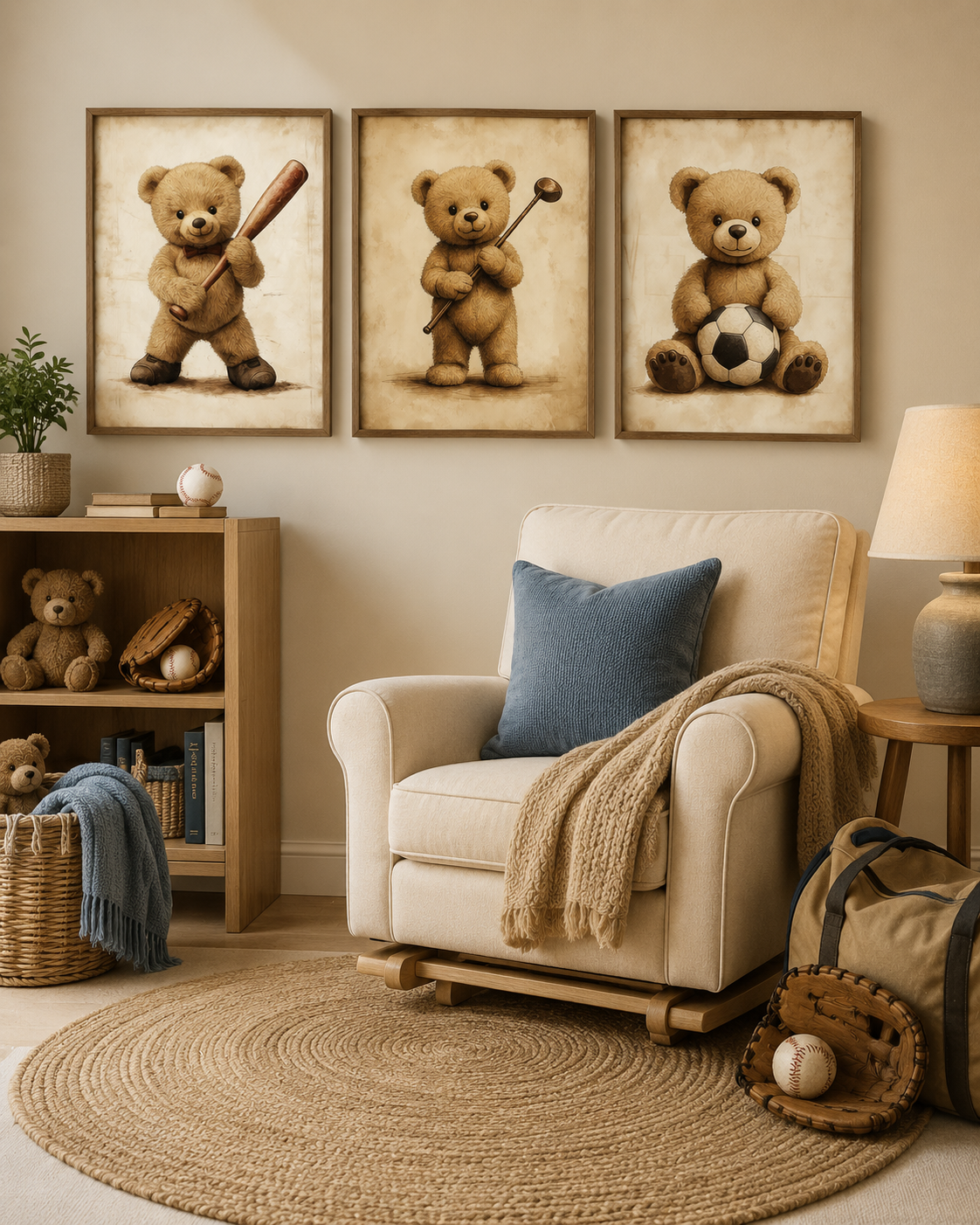 Vintage Teddy Bear Sports Nursery Wall Art Set of 3 — Baby Boy Nursery Decor, Baseball Golf Soccer Bear Prints, Sepia Vintage, Digital Download, All Frame Sizes