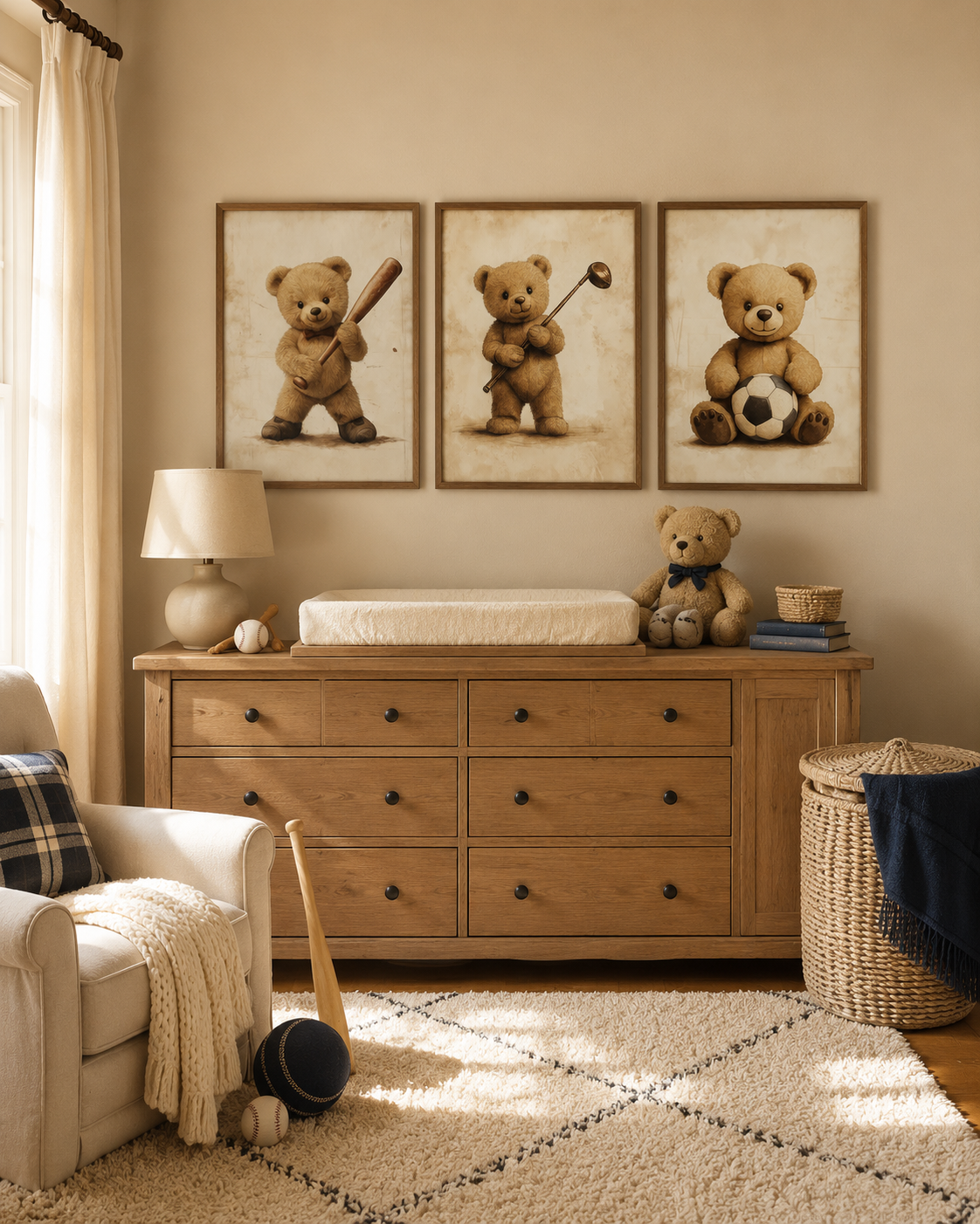 Vintage Teddy Bear Sports Nursery Wall Art Set of 3 — Baby Boy Nursery Decor, Baseball Golf Soccer Bear Prints, Sepia Vintage, Digital Download, All Frame Sizes