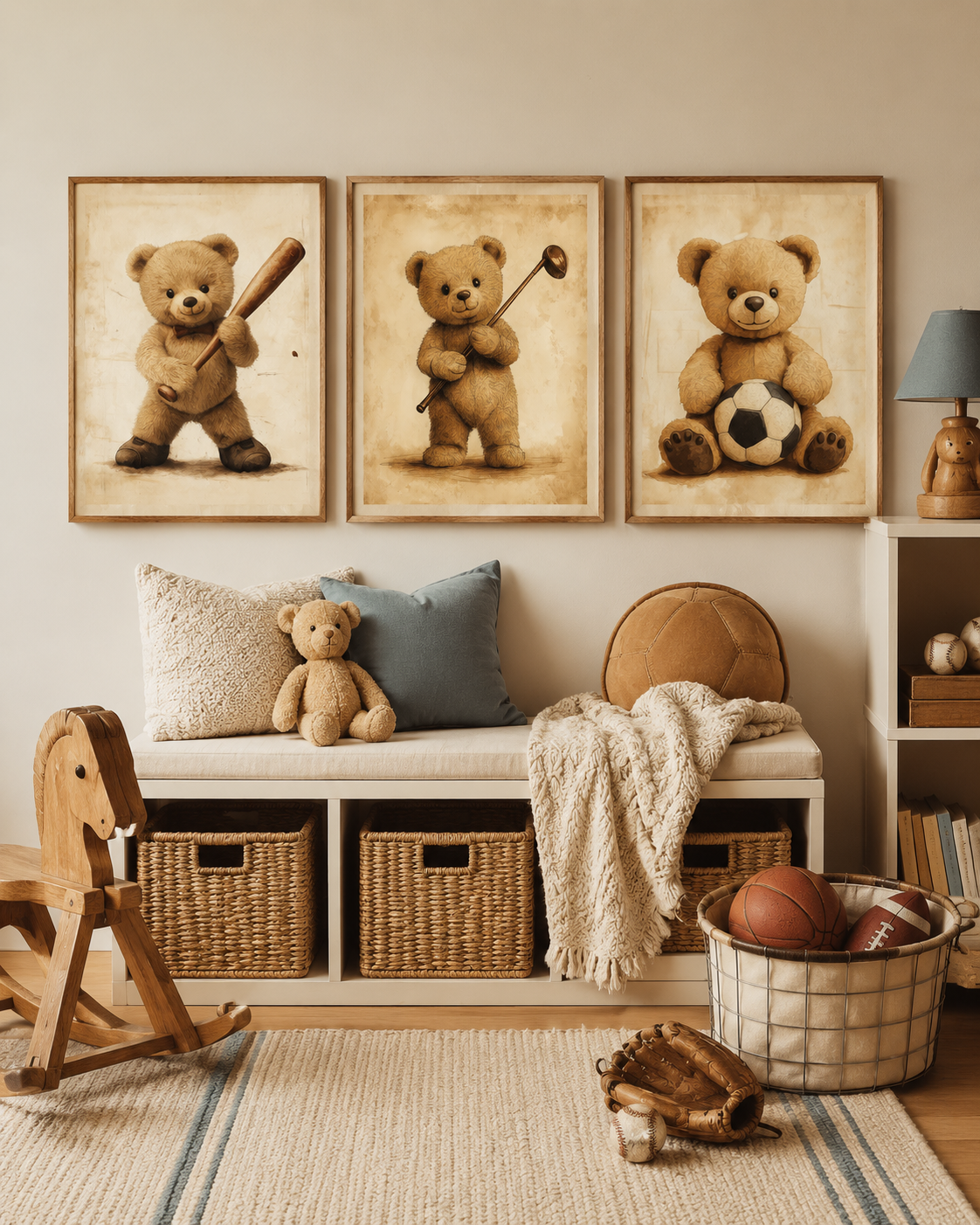 Vintage Teddy Bear Sports Nursery Wall Art Set of 3 — Baby Boy Nursery Decor, Baseball Golf Soccer Bear Prints, Sepia Vintage, Digital Download, All Frame Sizes