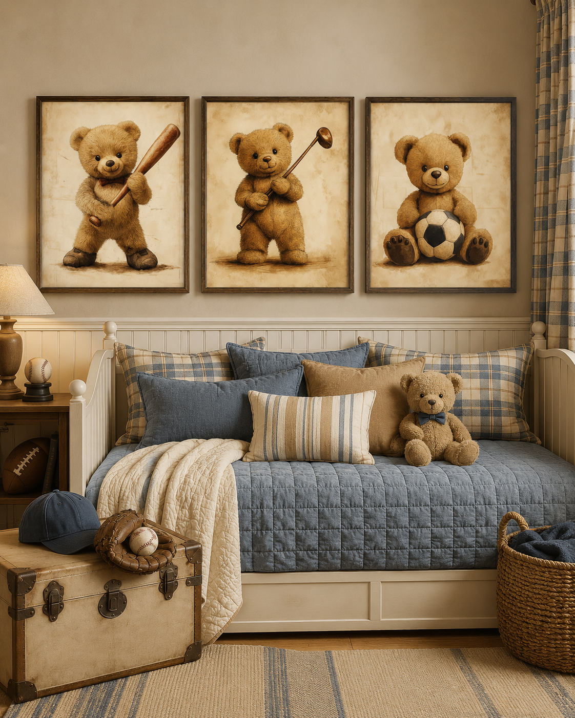 Vintage Teddy Bear Sports Nursery Wall Art Set of 3 — Baby Boy Nursery Decor, Baseball Golf Soccer Bear Prints, Sepia Vintage, Digital Download, All Frame Sizes