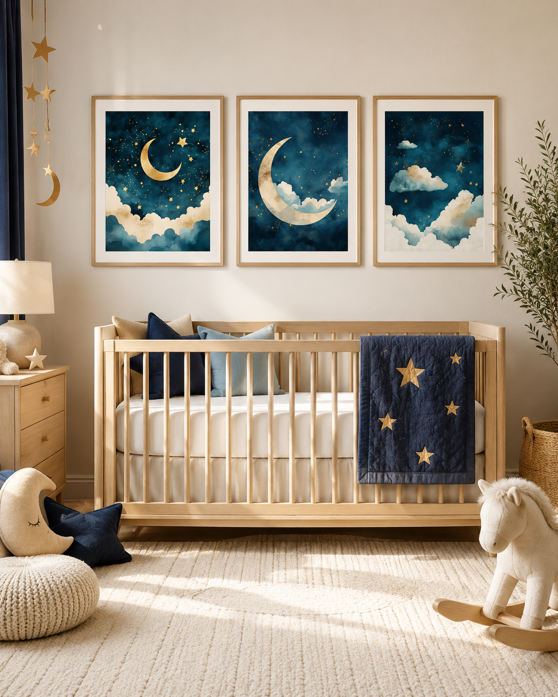 Patina Blue Moon and Stars Nursery Wall Art Set of 3 — Boho Celestial Nursery Decor, Crescent Moon & Stars Prints, Navy Gold Watercolor, Digital Download, All Frame Sizes