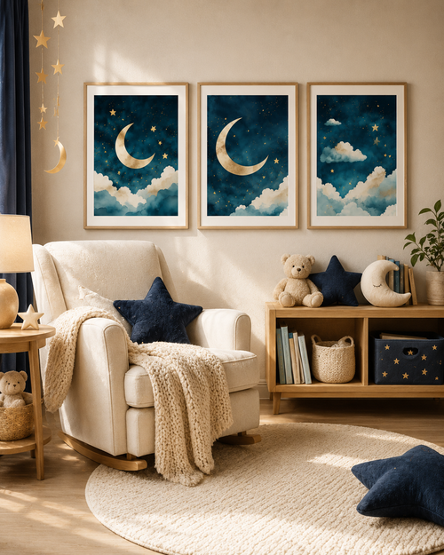 Patina Blue Moon and Stars Nursery Wall Art Set of 3 — Boho Celestial Nursery Decor, Crescent Moon & Stars Prints, Navy Gold Watercolor, Digital Download, All Frame Sizes