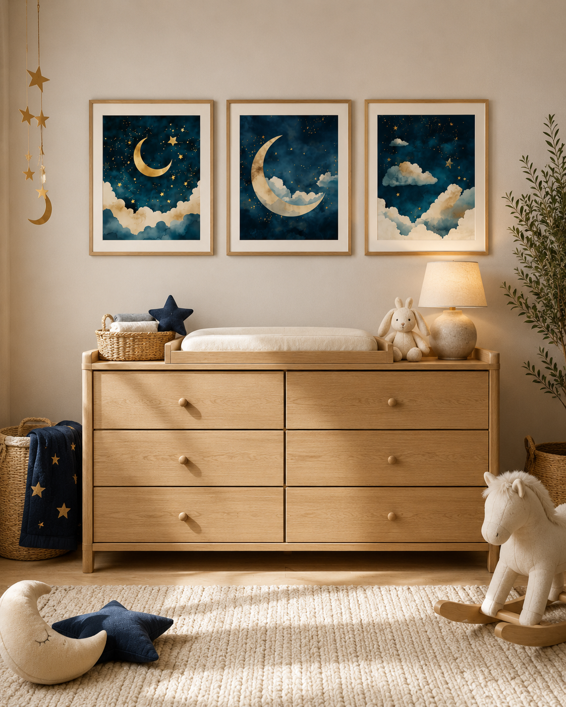 Patina Blue Moon and Stars Nursery Wall Art Set of 3 — Boho Celestial Nursery Decor, Crescent Moon & Stars Prints, Navy Gold Watercolor, Digital Download, All Frame Sizes