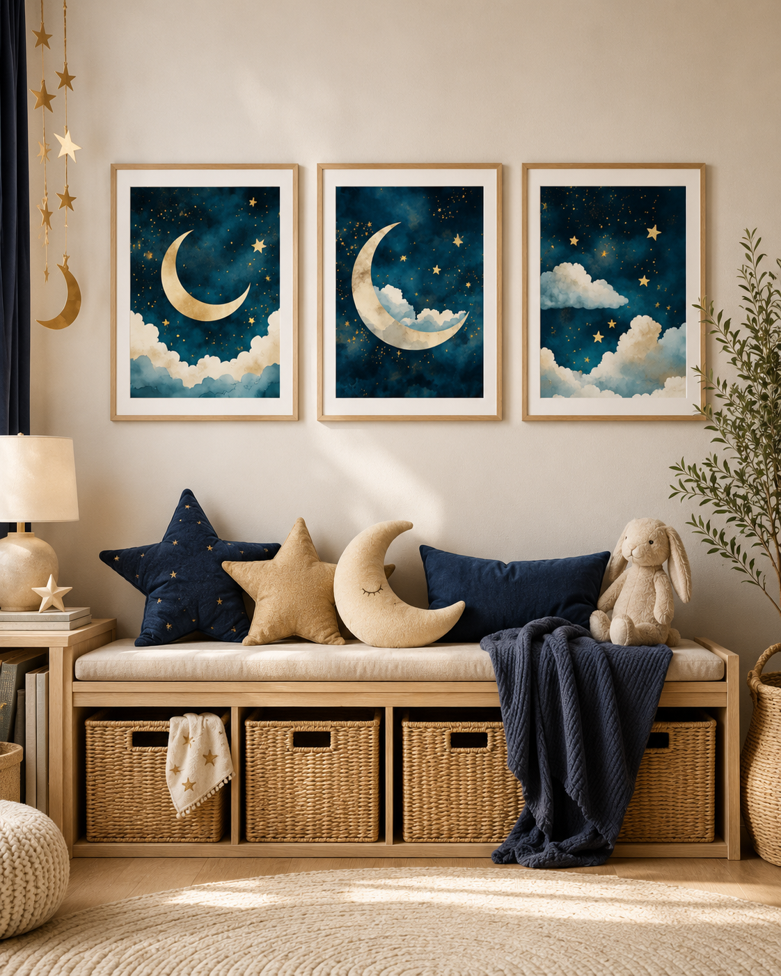 Patina Blue Moon and Stars Nursery Wall Art Set of 3 — Boho Celestial Nursery Decor, Crescent Moon & Stars Prints, Navy Gold Watercolor, Digital Download, All Frame Sizes