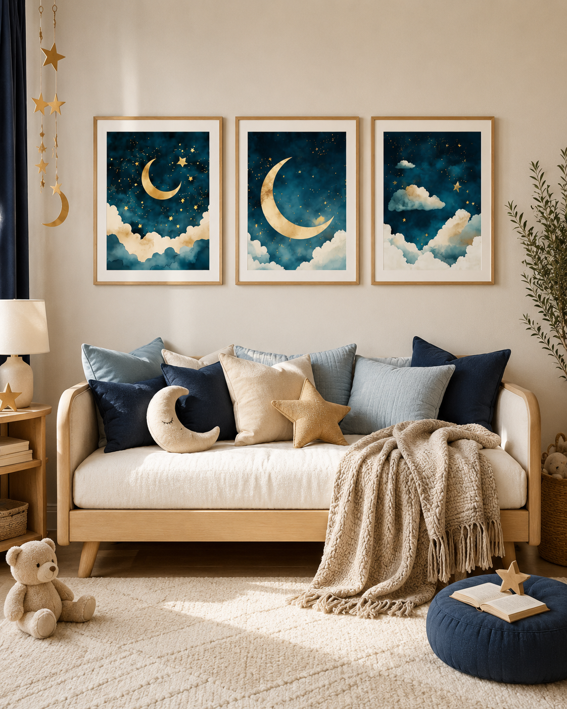 Patina Blue Moon and Stars Nursery Wall Art Set of 3 — Boho Celestial Nursery Decor, Crescent Moon & Stars Prints, Navy Gold Watercolor, Digital Download, All Frame Sizes