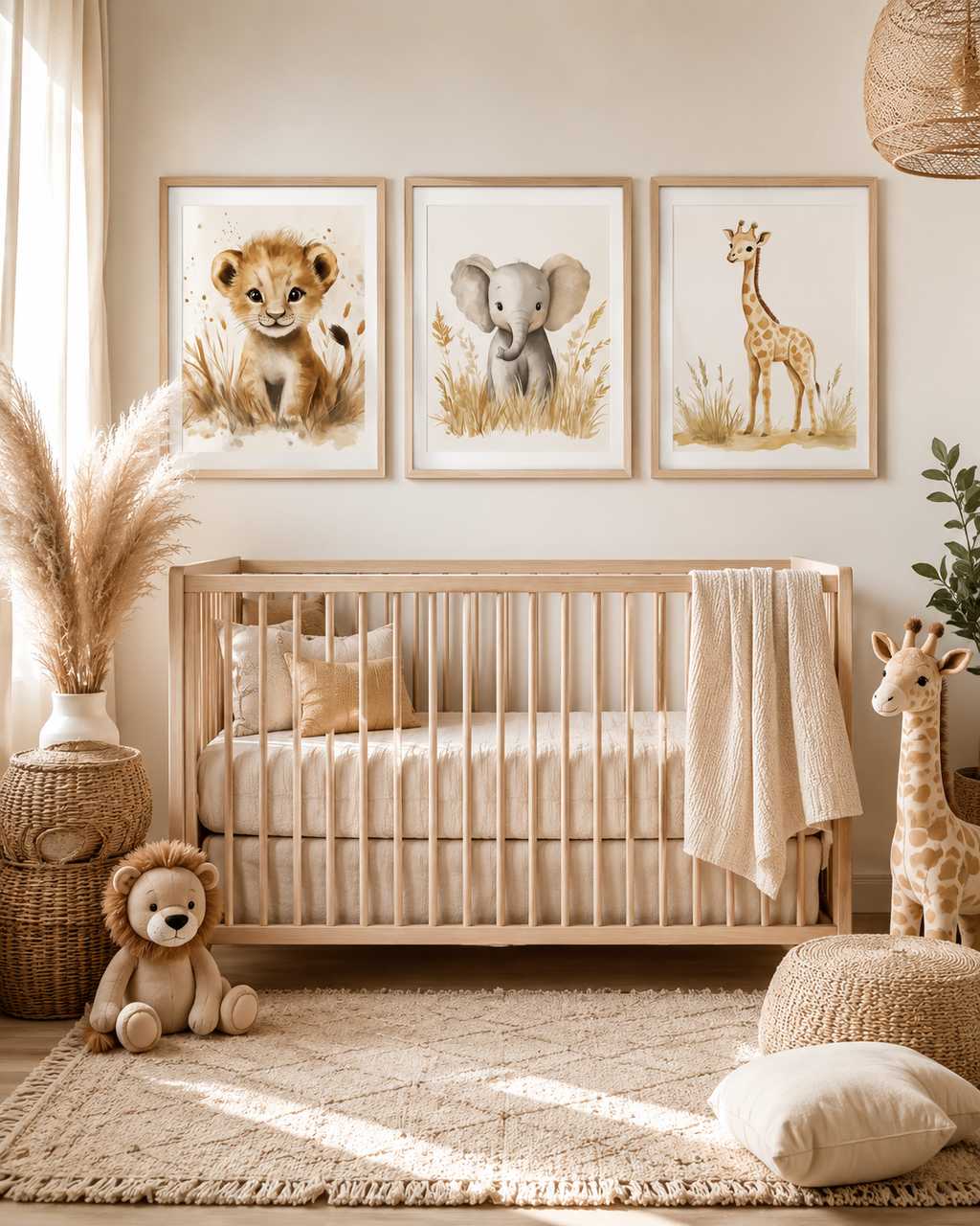 Watercolor Safari Animal Nursery Wall Art Set of 3 — Boho Baby Animal Prints, Lion Elephant Giraffe, Neutral Beige & Cream, Digital Download, All Frame Sizes
