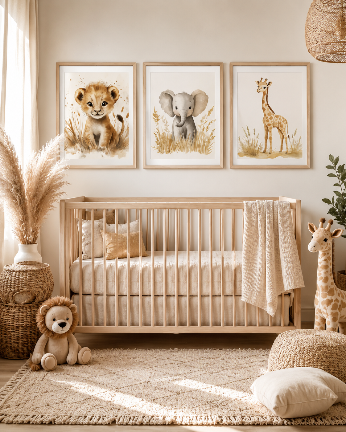 Watercolor Safari Animal Nursery Wall Art Set of 3 — Boho Baby Animal Prints, Lion Elephant Giraffe, Neutral Beige & Cream, Digital Download, All Frame Sizes