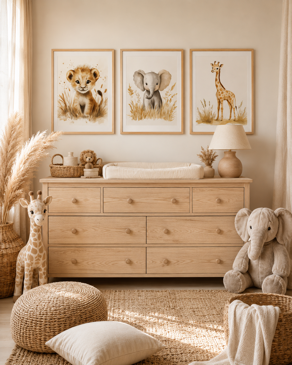 Watercolor Safari Animal Nursery Wall Art Set of 3 — Boho Baby Animal Prints, Lion Elephant Giraffe, Neutral Beige & Cream, Digital Download, All Frame Sizes