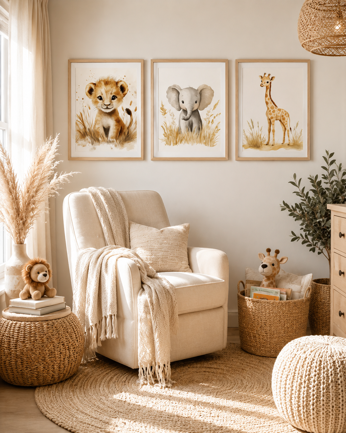 Watercolor Safari Animal Nursery Wall Art Set of 3 — Boho Baby Animal Prints, Lion Elephant Giraffe, Neutral Beige & Cream, Digital Download, All Frame Sizes