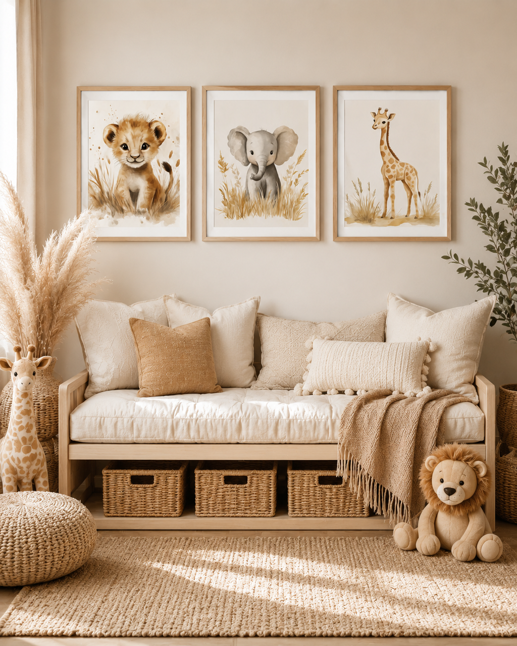 Watercolor Safari Animal Nursery Wall Art Set of 3 — Boho Baby Animal Prints, Lion Elephant Giraffe, Neutral Beige & Cream, Digital Download, All Frame Sizes