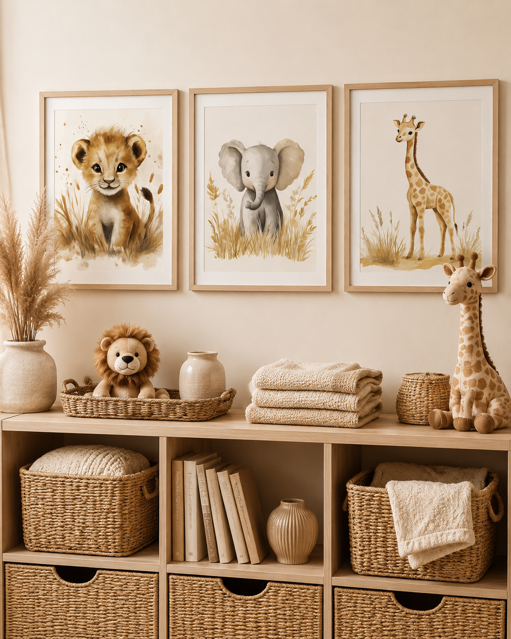 Watercolor Safari Animal Nursery Wall Art Set of 3 — Boho Baby Animal Prints, Lion Elephant Giraffe, Neutral Beige & Cream, Digital Download, All Frame Sizes