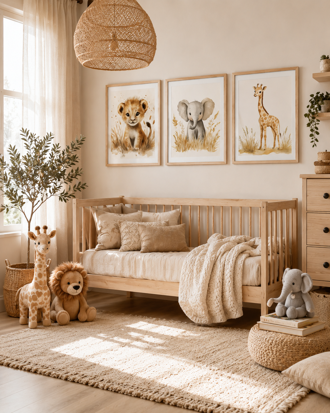 Watercolor Safari Animal Nursery Wall Art Set of 3 — Boho Baby Animal Prints, Lion Elephant Giraffe, Neutral Beige & Cream, Digital Download, All Frame Sizes