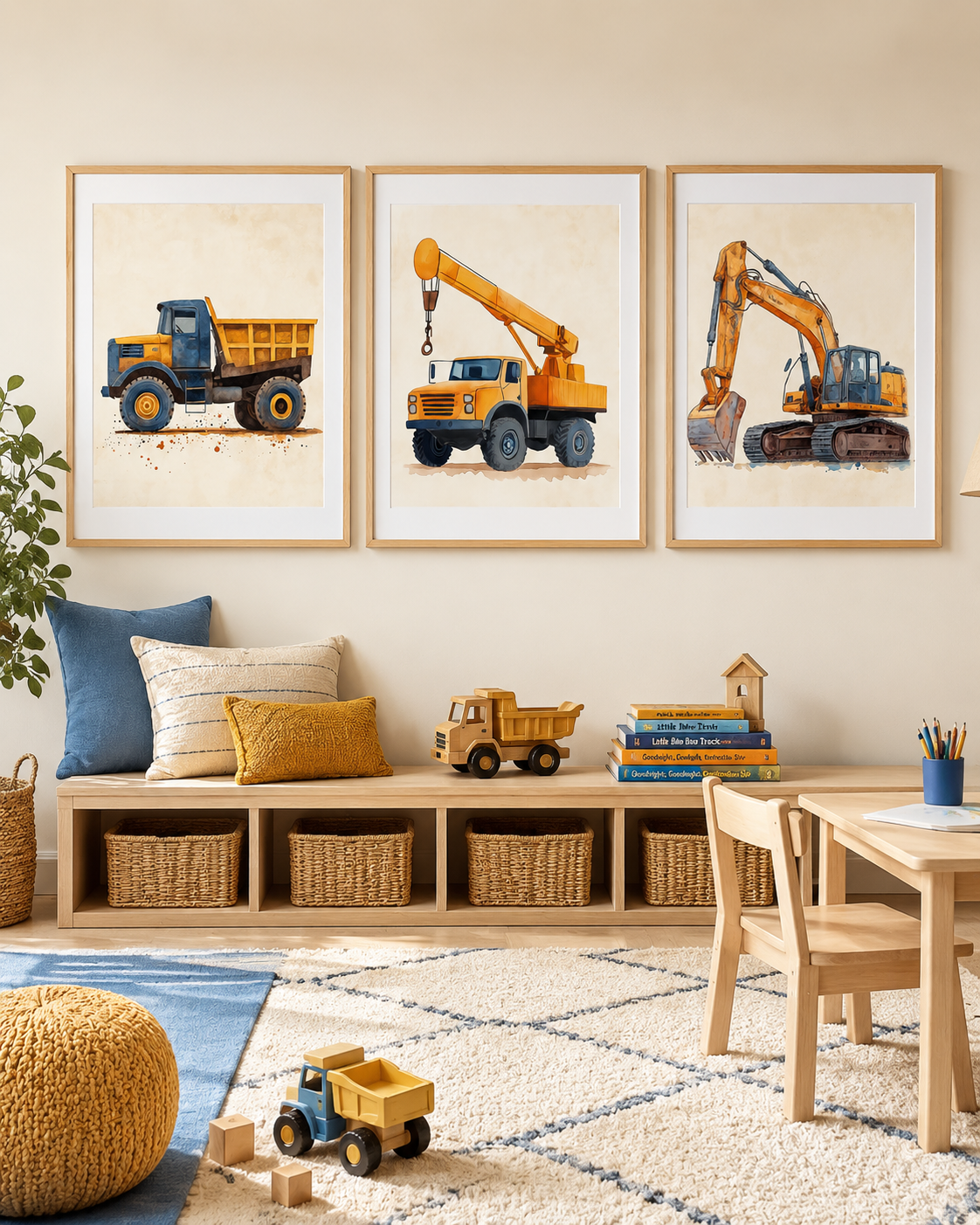 Construction Truck Nursery Wall Art Set of 3 — Boy Nursery & Toddler Room Decor, Dump Truck Crane Excavator Prints, Watercolor Printable, Digital Download