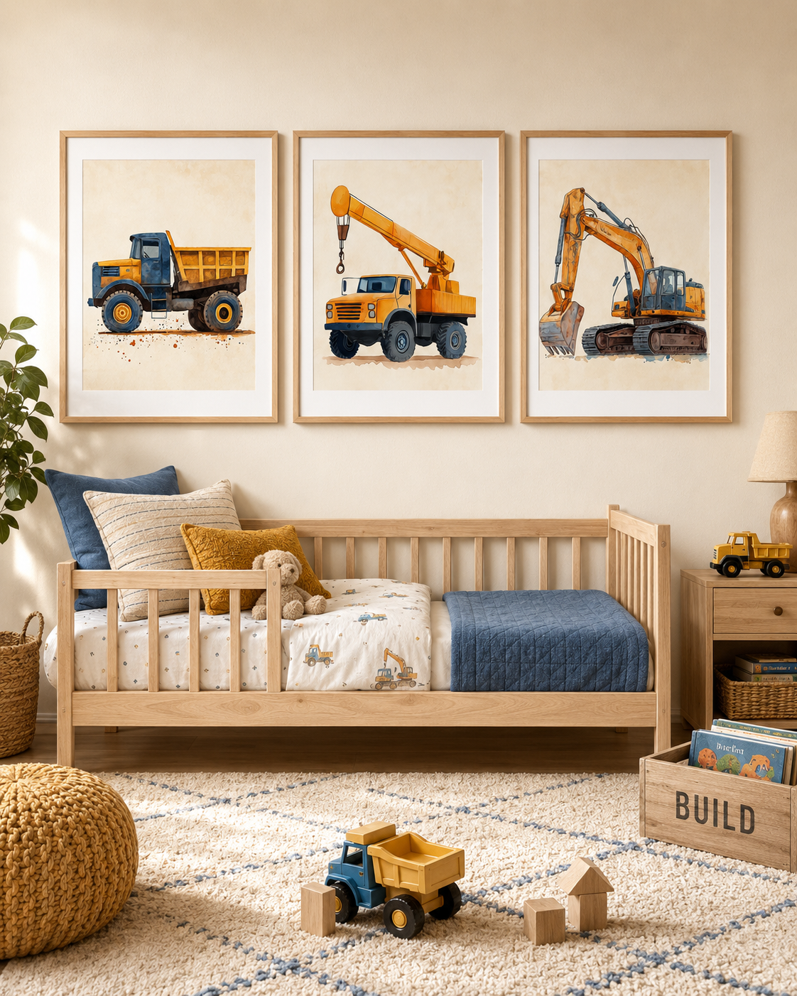 Construction Truck Nursery Wall Art Set of 3 — Boy Nursery & Toddler Room Decor, Dump Truck Crane Excavator Prints, Watercolor Printable, Digital Download