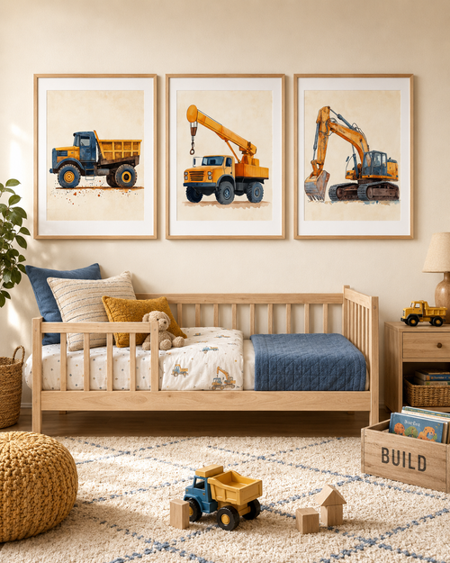 Construction Truck Nursery Wall Art Set of 3 — Boy Nursery & Toddler Room Decor, Dump Truck Crane Excavator Prints, Watercolor Printable, Digital Download