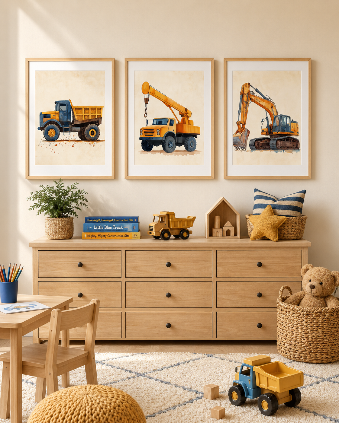 Construction Truck Nursery Wall Art Set of 3 — Boy Nursery & Toddler Room Decor, Dump Truck Crane Excavator Prints, Watercolor Printable, Digital Download