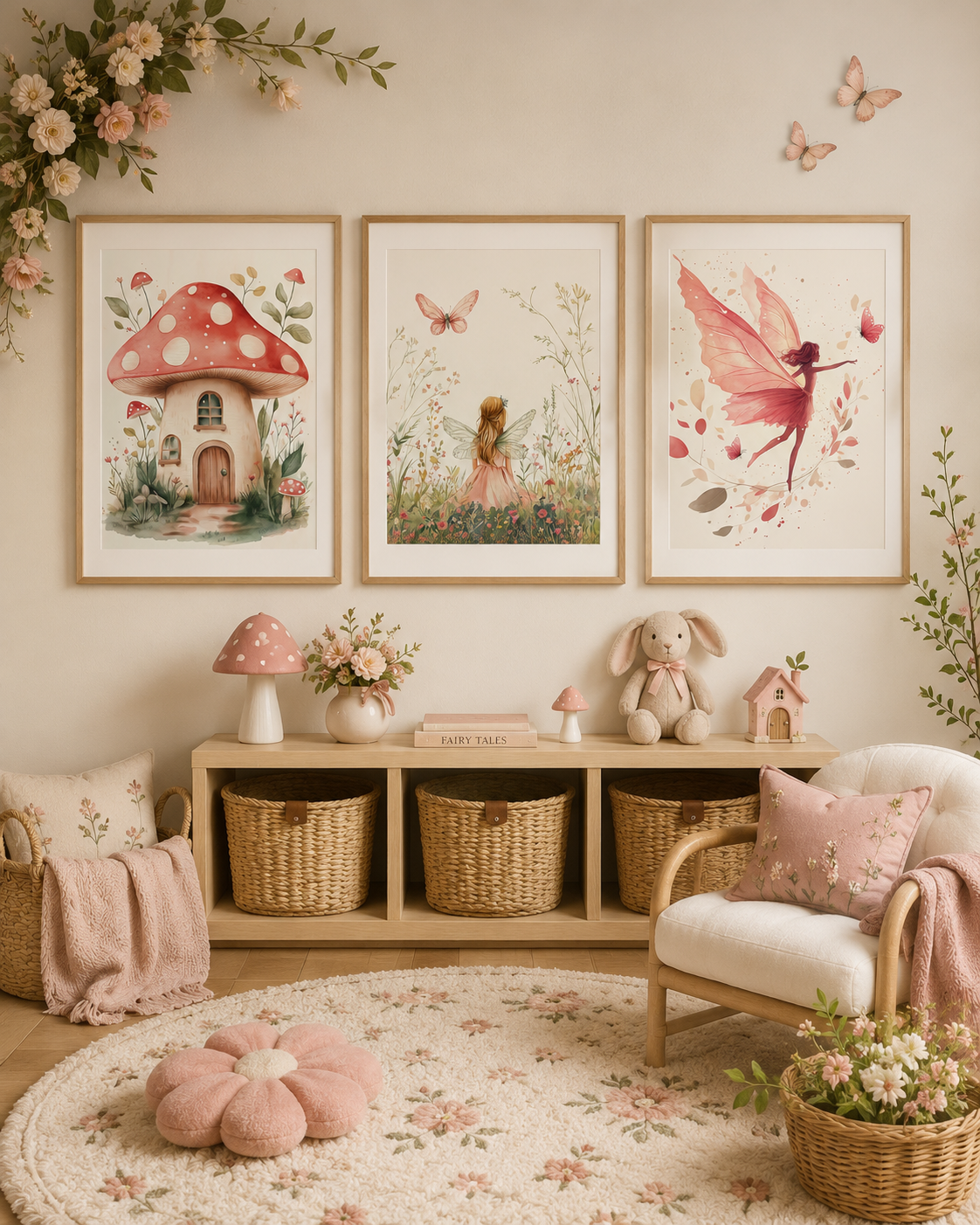 Watercolor Fairy Mushroom Garden Nursery Wall Art Set of 3 — Boho Girl Nursery Decor, Fairy Butterfly Mushroom House Prints, Soft Pink & Sage, Digital Download, All Frame Sizes