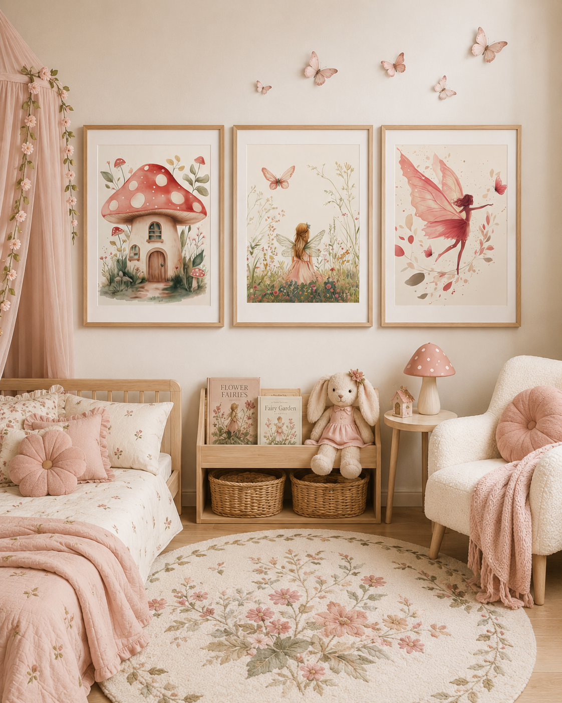 Watercolor Fairy Mushroom Garden Nursery Wall Art Set of 3 — Boho Girl Nursery Decor, Fairy Butterfly Mushroom House Prints, Soft Pink & Sage, Digital Download, All Frame Sizes