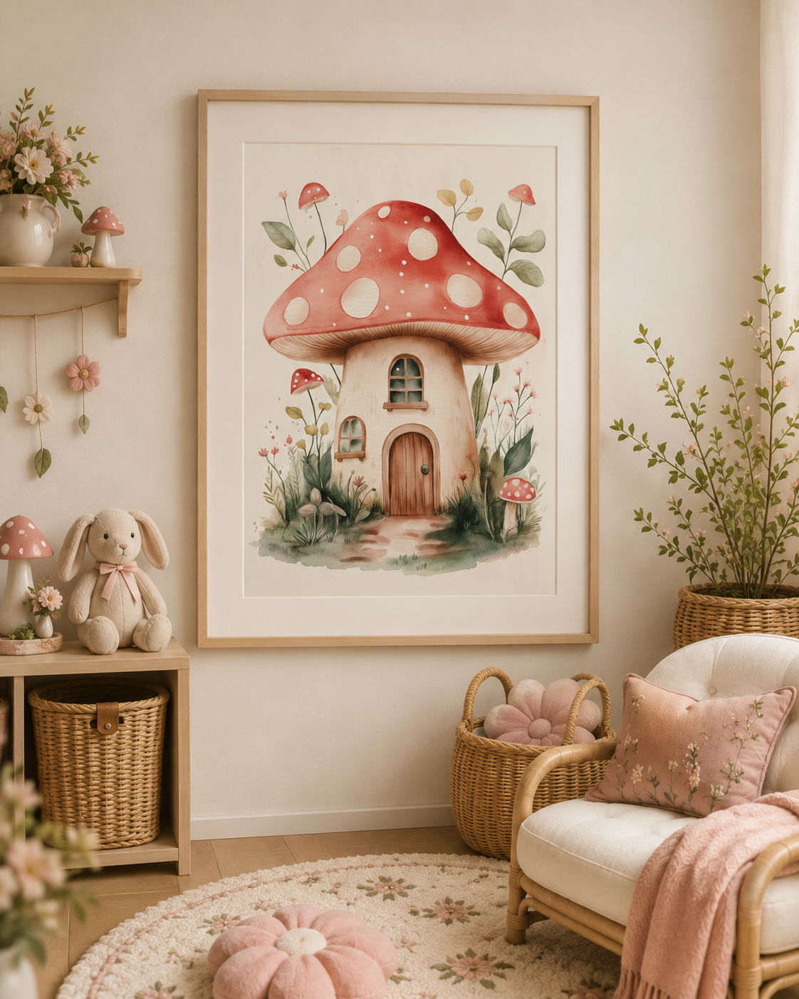 Watercolor Fairy Mushroom Garden Nursery Wall Art Set of 3 — Boho Girl Nursery Decor, Fairy Butterfly Mushroom House Prints, Soft Pink & Sage, Digital Download, All Frame Sizes