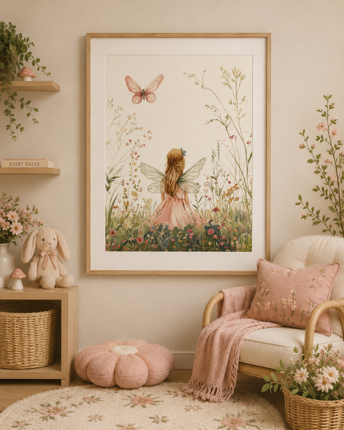 Watercolor Fairy Mushroom Garden Nursery Wall Art Set of 3 — Boho Girl Nursery Decor, Fairy Butterfly Mushroom House Prints, Soft Pink & Sage, Digital Download, All Frame Sizes