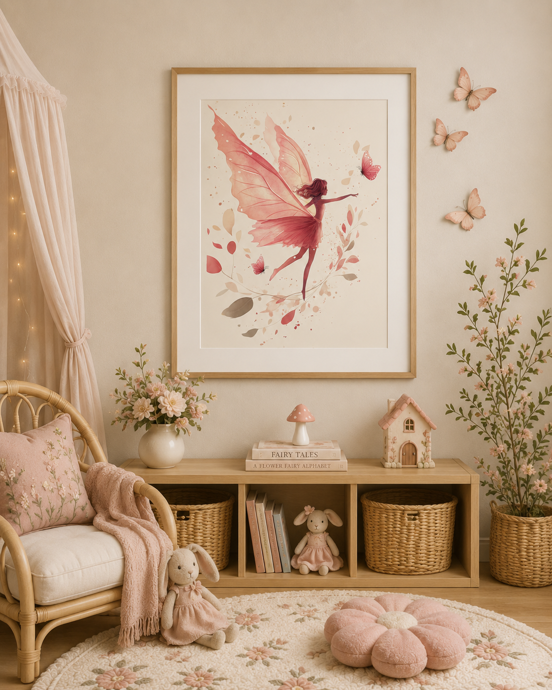 Watercolor Fairy Mushroom Garden Nursery Wall Art Set of 3 — Boho Girl Nursery Decor, Fairy Butterfly Mushroom House Prints, Soft Pink & Sage, Digital Download, All Frame Sizes