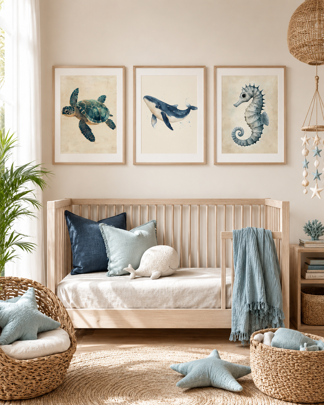 Watercolor Ocean Animal Nursery Wall Art Set of 3 — Boho Coastal Nursery Decor, Sea Turtle Whale Seahorse Prints, Navy & Cream, Digital Download, All Frame Sizes
