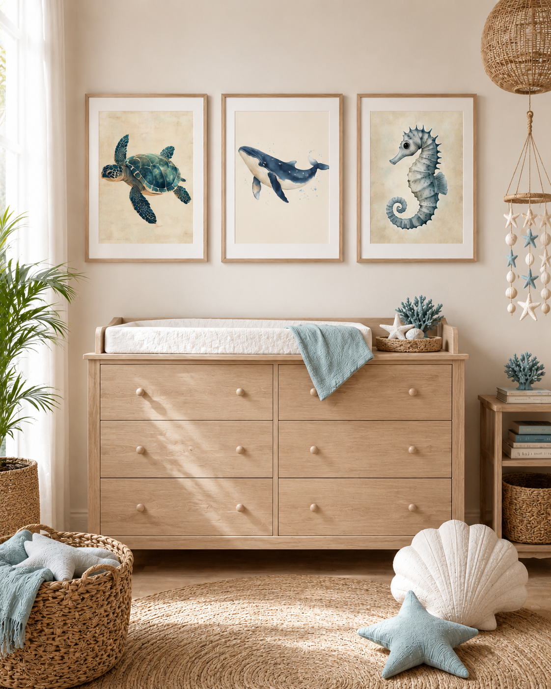 Watercolor Ocean Animal Nursery Wall Art Set of 3 — Boho Coastal Nursery Decor, Sea Turtle Whale Seahorse Prints, Navy & Cream, Digital Download, All Frame Sizes