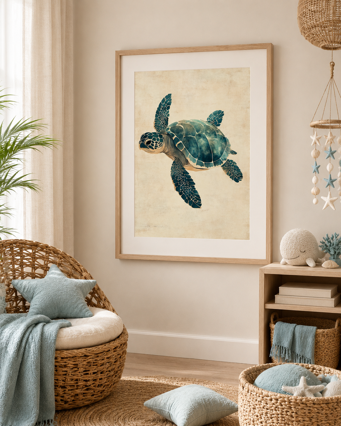 Watercolor Ocean Animal Nursery Wall Art Set of 3 — Boho Coastal Nursery Decor, Sea Turtle Whale Seahorse Prints, Navy & Cream, Digital Download, All Frame Sizes
