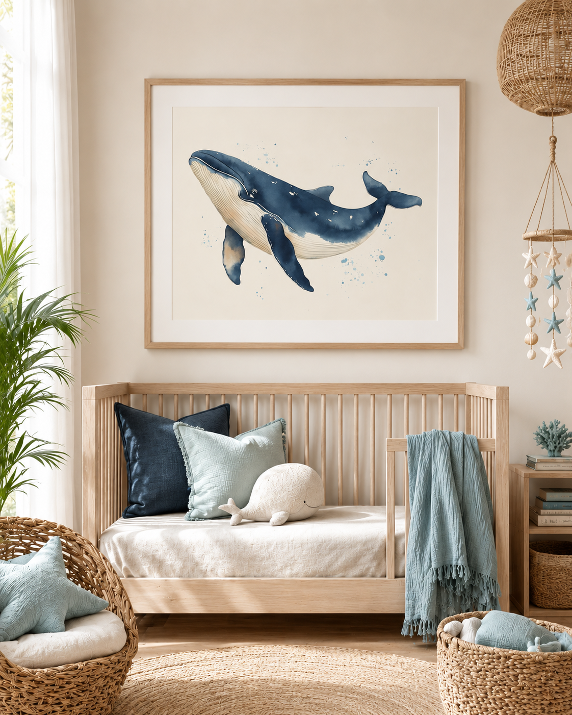Watercolor Ocean Animal Nursery Wall Art Set of 3 — Boho Coastal Nursery Decor, Sea Turtle Whale Seahorse Prints, Navy & Cream, Digital Download, All Frame Sizes