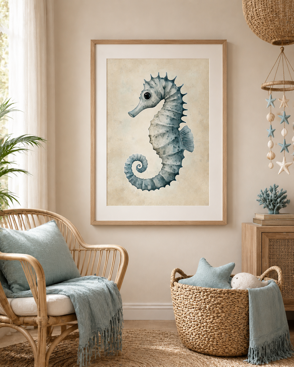 Watercolor Ocean Animal Nursery Wall Art Set of 3 — Boho Coastal Nursery Decor, Sea Turtle Whale Seahorse Prints, Navy & Cream, Digital Download, All Frame Sizes