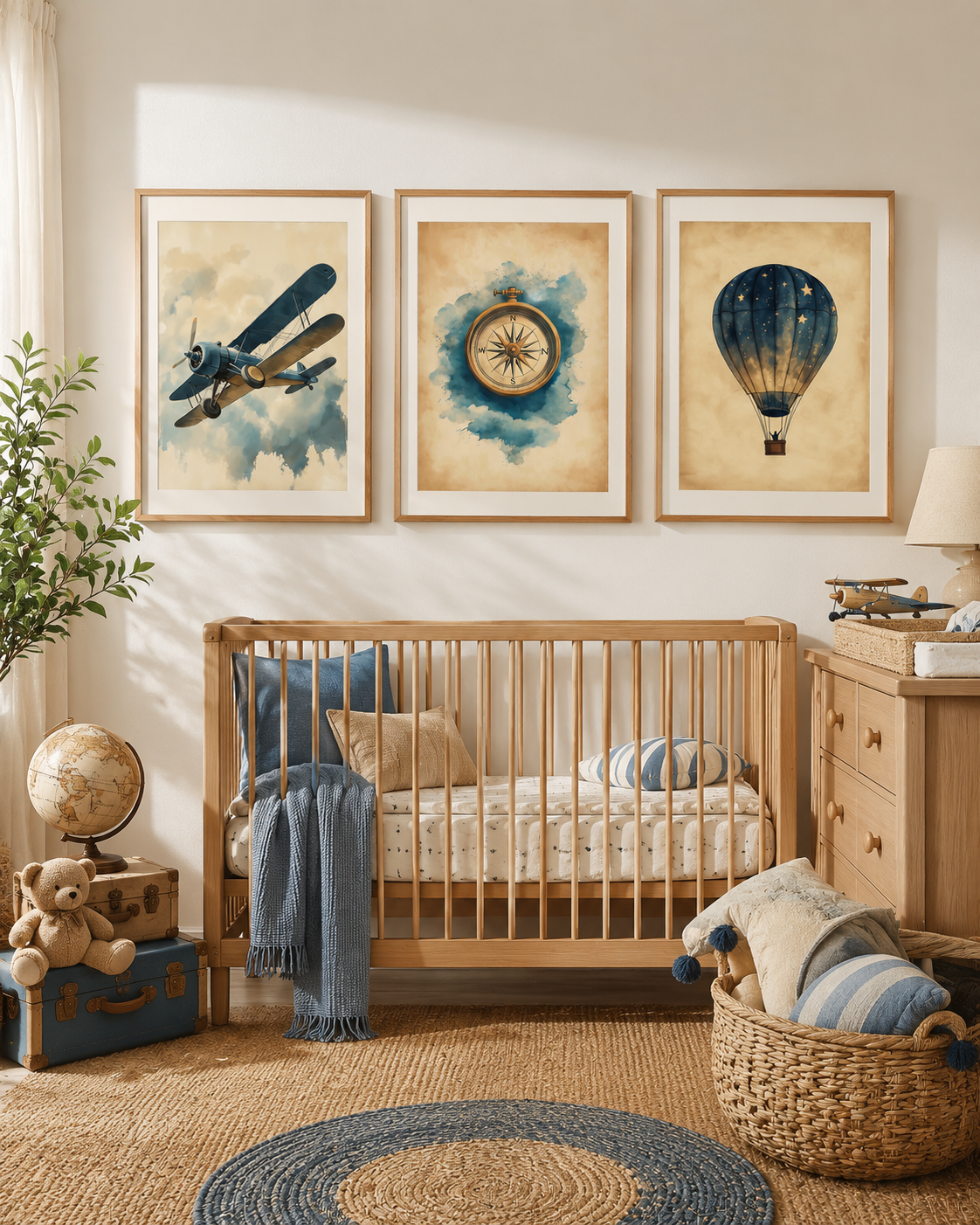 Vintage Adventure Nursery Wall Art Set of 3 — Boy Nursery & Travel Theme Decor, Biplane Compass Hot Air Balloon Prints, Sepia Watercolor, Digital Download, All Frame Sizes