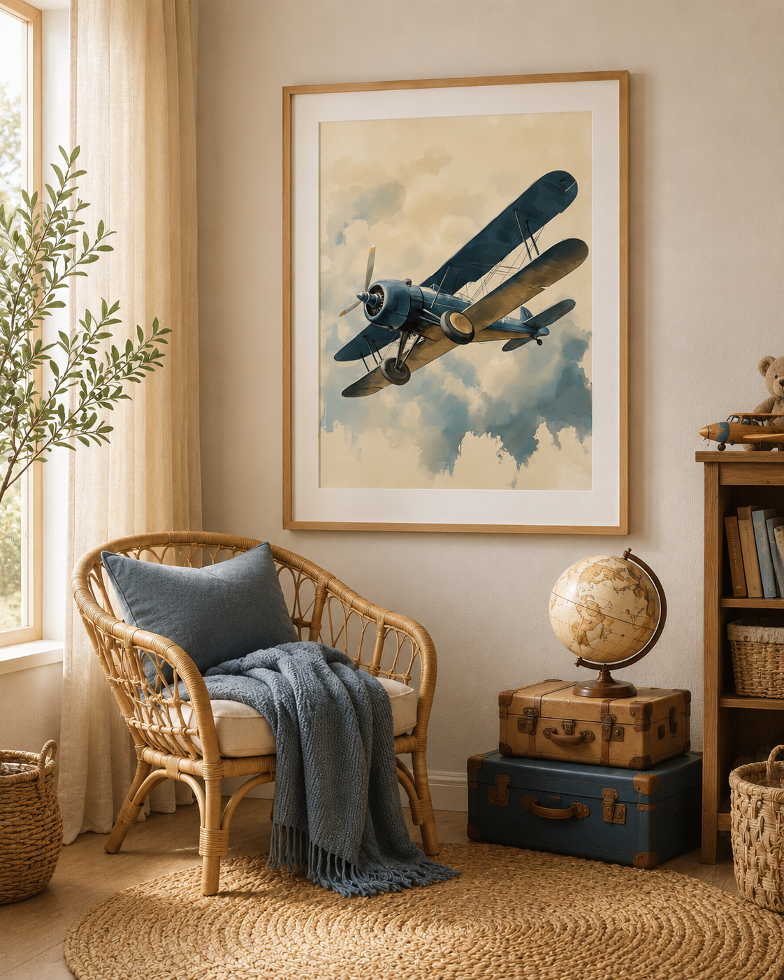 Vintage Adventure Nursery Wall Art Set of 3 — Boy Nursery & Travel Theme Decor, Biplane Compass Hot Air Balloon Prints, Sepia Watercolor, Digital Download, All Frame Sizes
